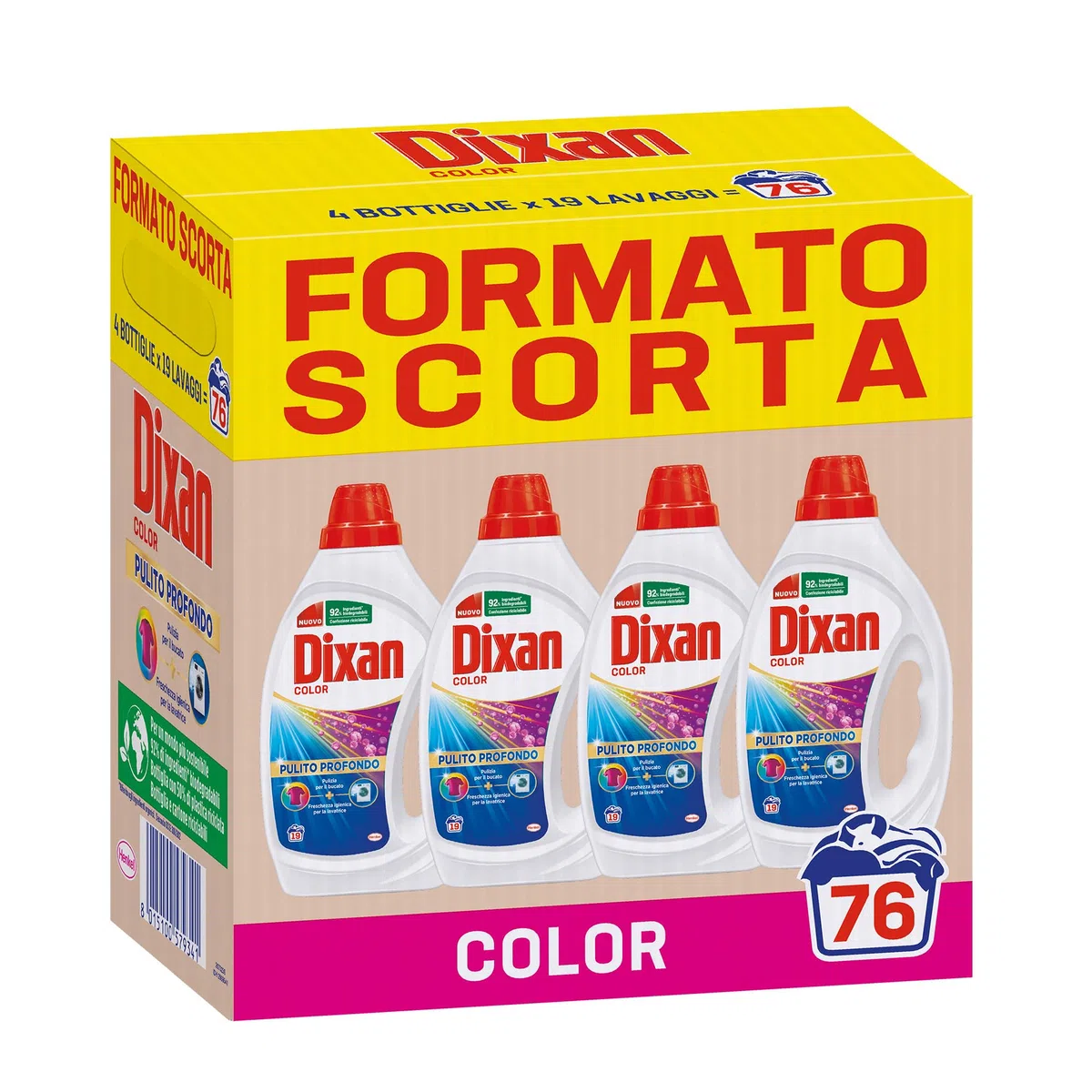 Dixan Liquido Color Detersivo Lavatrice Formato Scorta (4 x 19 Lavaggi), Detersivo liquido lavatrice per colori vivaci, pulizia profonda del bucato e freschezza igienica per la lavatrice