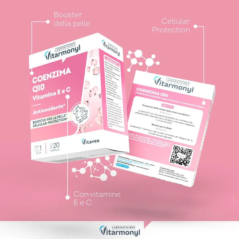 Coenzima Q10 con Vitamina E e C - Integratore Antiossidante per la Pelle e Protezione Cellulare - Benessere della Pelle - 20 Capsule - Vitarmonyl