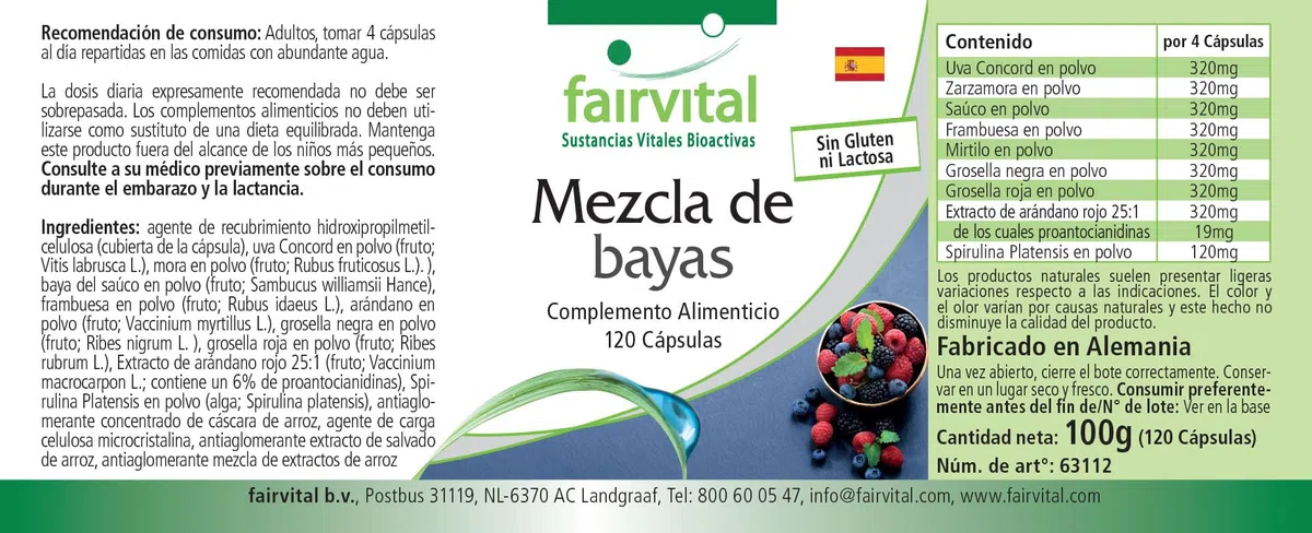 fairvital Mix di bacche, 120 capsule, capsule antiossidanti, ALTO DOSAGGIO, VEGANO, 8 bacche con spirulina