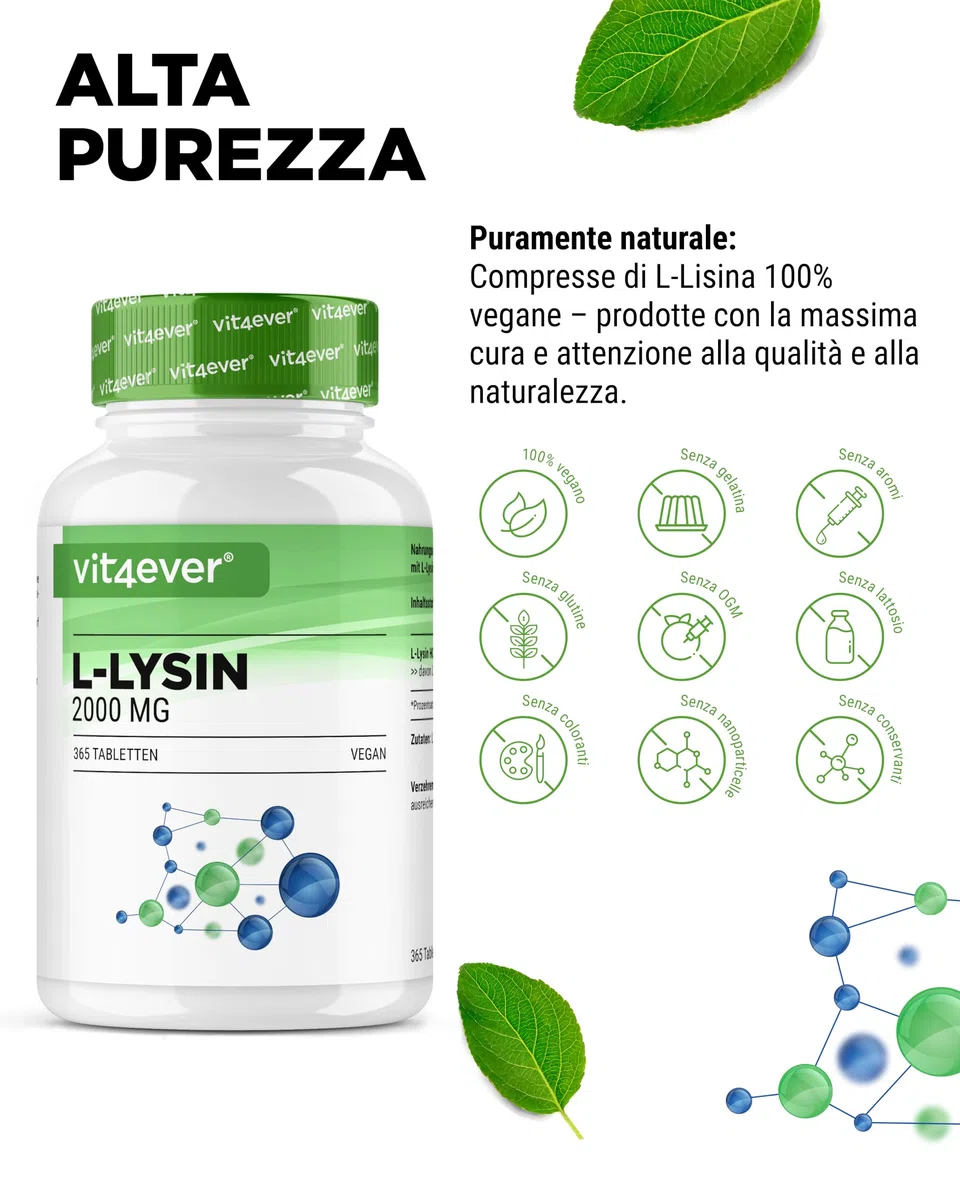 L-Lisina – 365 Compresse – Alto dosaggio con 2000 mg di L-Lisina HCL al giorno – Da fermentazione vegetale – Senza additivi indesiderati – Vegano