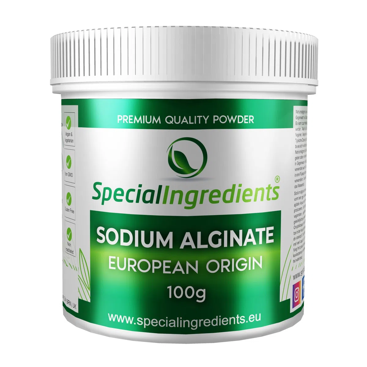 Special Ingredients Alginato di sodio in polvere da 500 g, estratto di alga, addensante, emulsionante e miglioratore di consistenza, adatto per vegani e vegetariani, imballaggio riciclabile