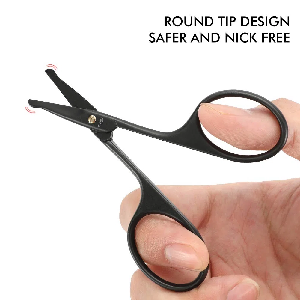 LIVINGO Forbici da Barba e Baffi da 4,5 cm, Professionale, Punta Arrotondata, in acciaio inox per la sicurezza, piccola bellezza del viso, naso, kit con mini pettine e custodia in pelle