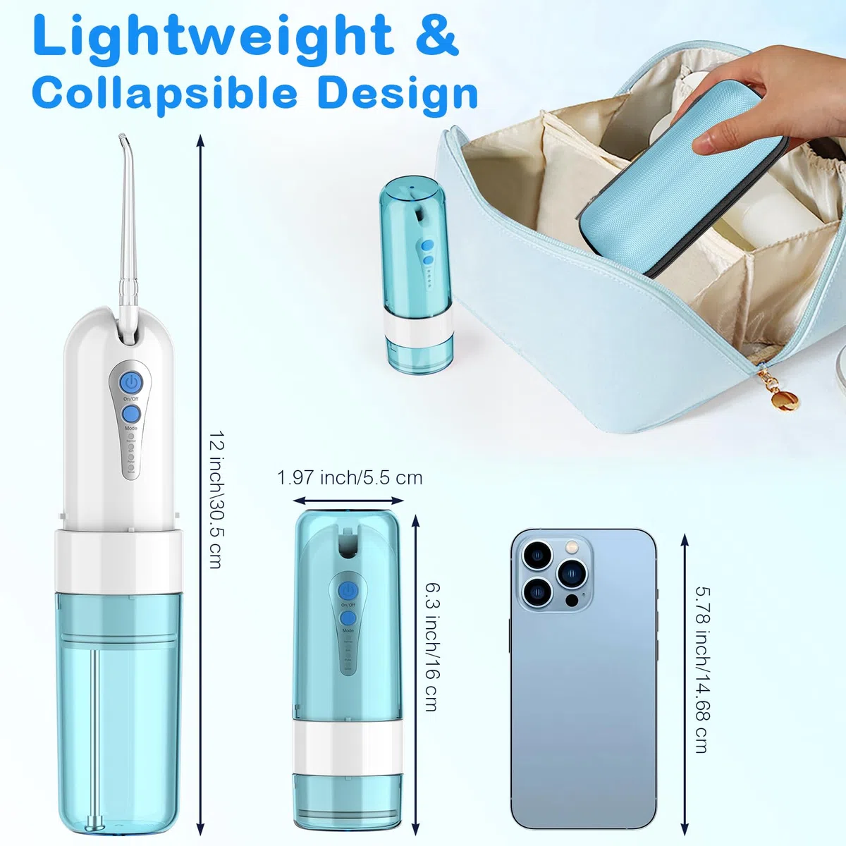 Idropulsore Dentale Senza Fili, Mini Irrigatore Orale Portatile con Custodia, 4 Modalità e 5 Ugelli, Filo Interdentale Elettrico, IPX7 Impermeabile, Adatto per Casa e Viaggi, Blu