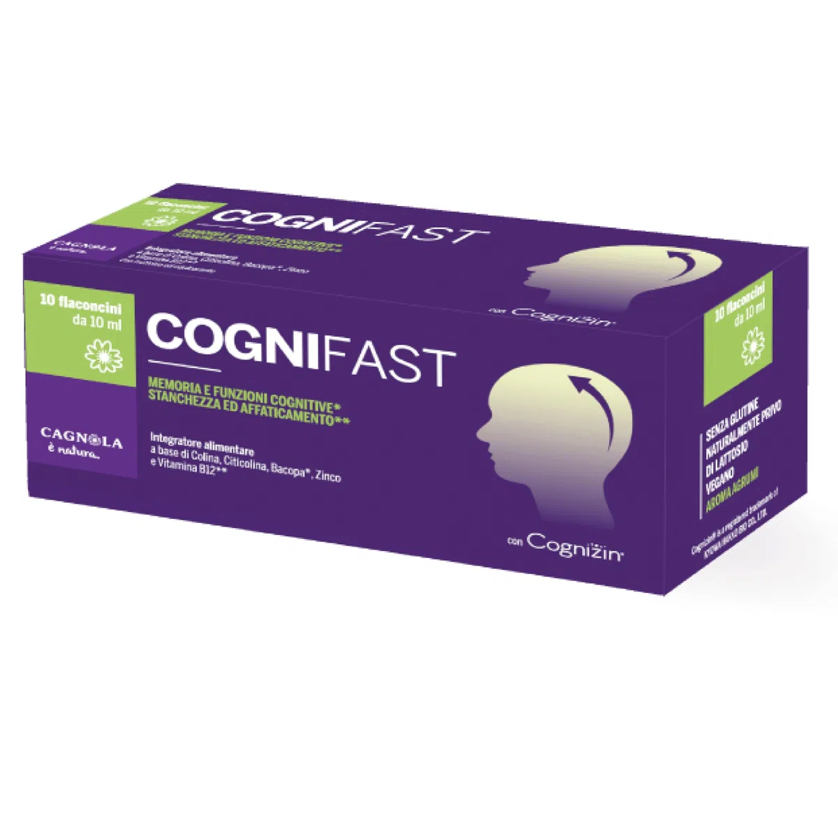 CAGNOLA | Integratore Memoria e Funzioni Cognitive, Stanchezza e Affaticamento, Cogniflash 10 Flaconi da 10 ml, Ideale per la Concentrazione, con Colina, Bacopa, Zinco e Vitamina B12