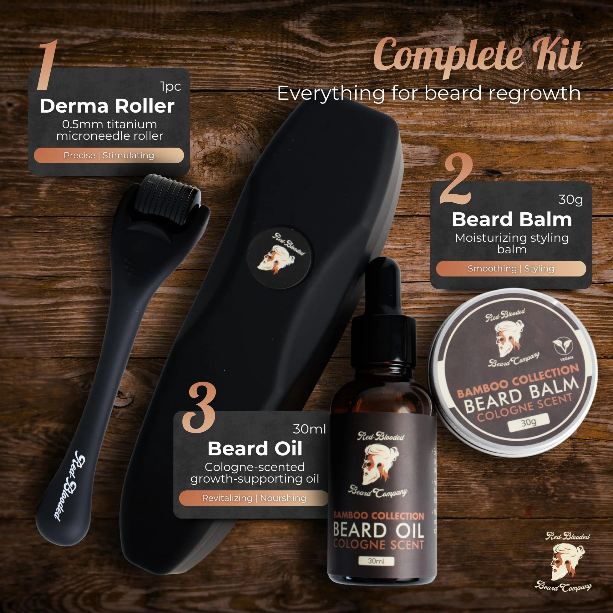 Red-Blooded Kit Crescita Barba Uomo - Beard Roller + Olio barba + Balsamo Barba | Stimolare La Crescita Della Barba | Kit Barba Uomo Professionale | Set Barba Uomo Regalo | Dermaroller Barba