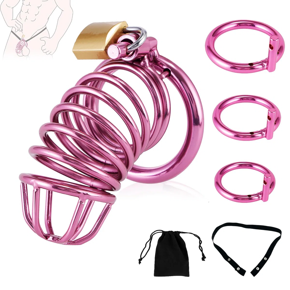 Gabbia Per Pene - Chastity Cage Con Cintura Di Castità, Gabbia Di Castità Uomo Anelli In 3 Misure (4 cm, 4,5 cm, 5 cm) Cock Cage Lilla In Metallo, Gabbia Pene Bondage BDSM Sex Toy Per Uomini
