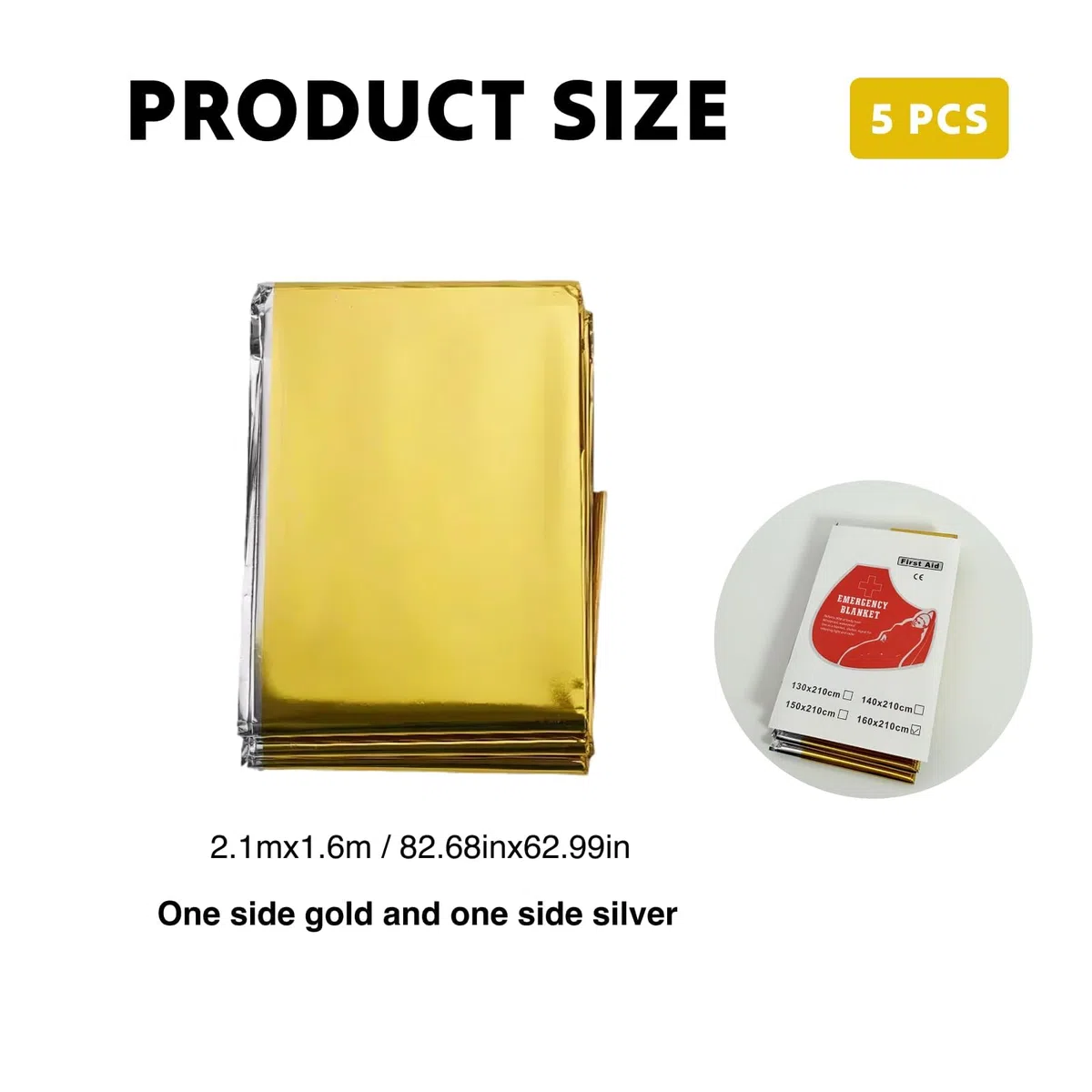 Coperta Termica di Emergenza Premium | Set da 5 Pezzi | Telo Termico Bifacciale Oro/Argento - Protezione Freddo/Calore, , Ideale per Kit di Pronto Soccorso e Attività all'Aperto - 210 x 160 cm