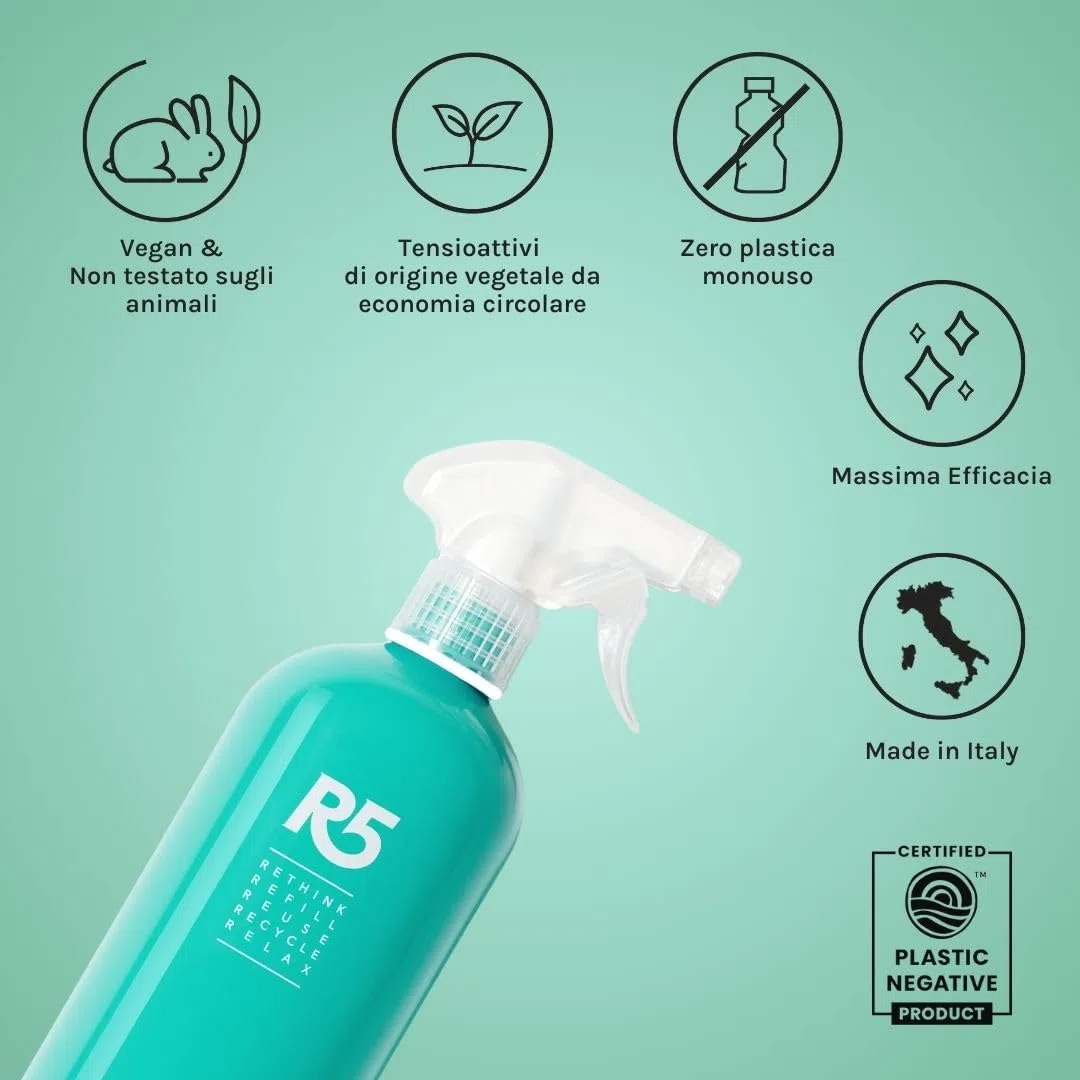 R5, Multipack 12 Refill Vetri, Detergente Vetri, Ideale per la Pulizia di Vetri, Cromature e Cristalli, Fragranza Acacia e Rosmarino, Made in Italy
