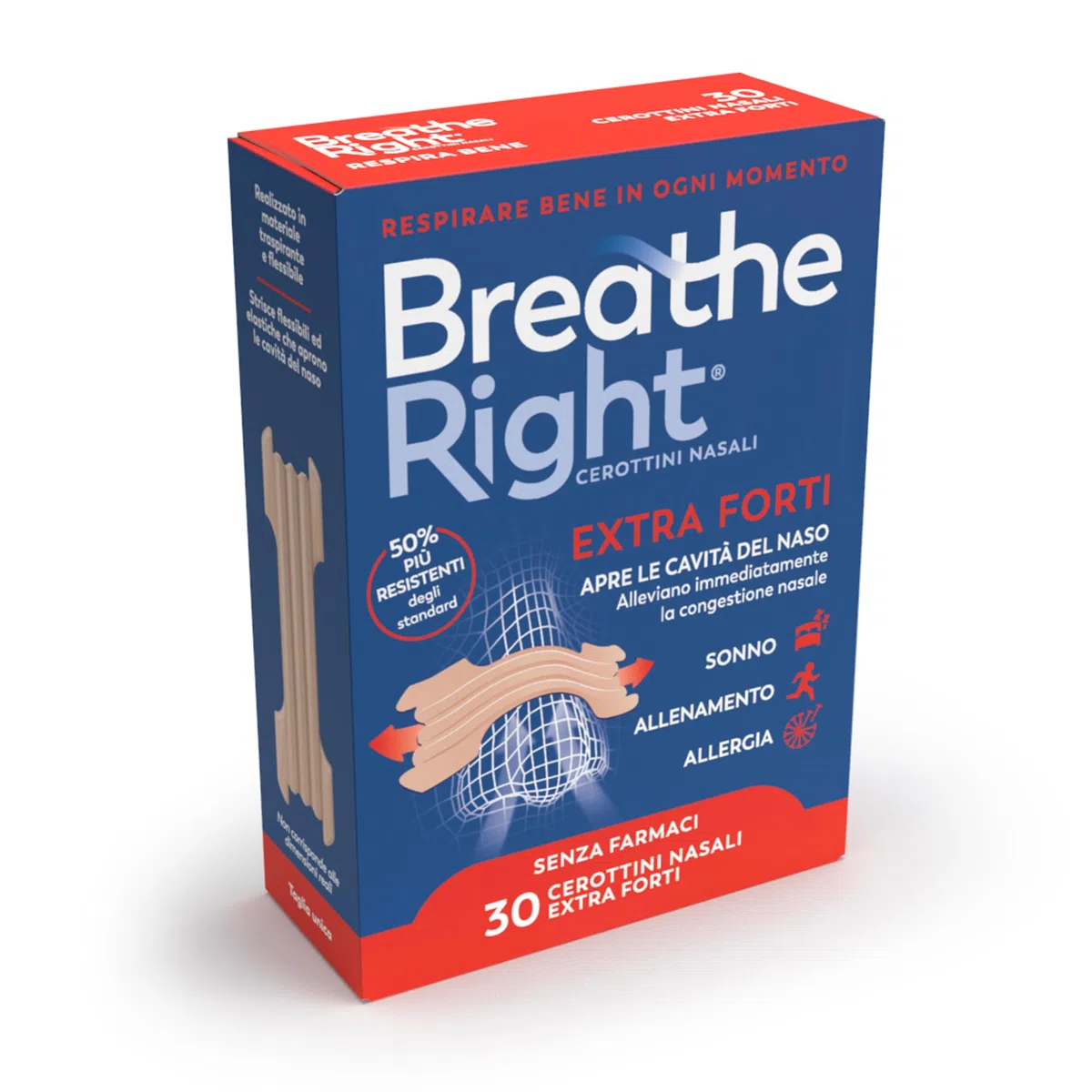 Breathe Right Cerottini Nasali Classici Extra Forti - Strisce Nasali Ultra-Resistenti per Respirazione Libera, Diminuzione Russamento & Naso Chiuso - Taglia Unica - Confezione da 30 Pezzi
