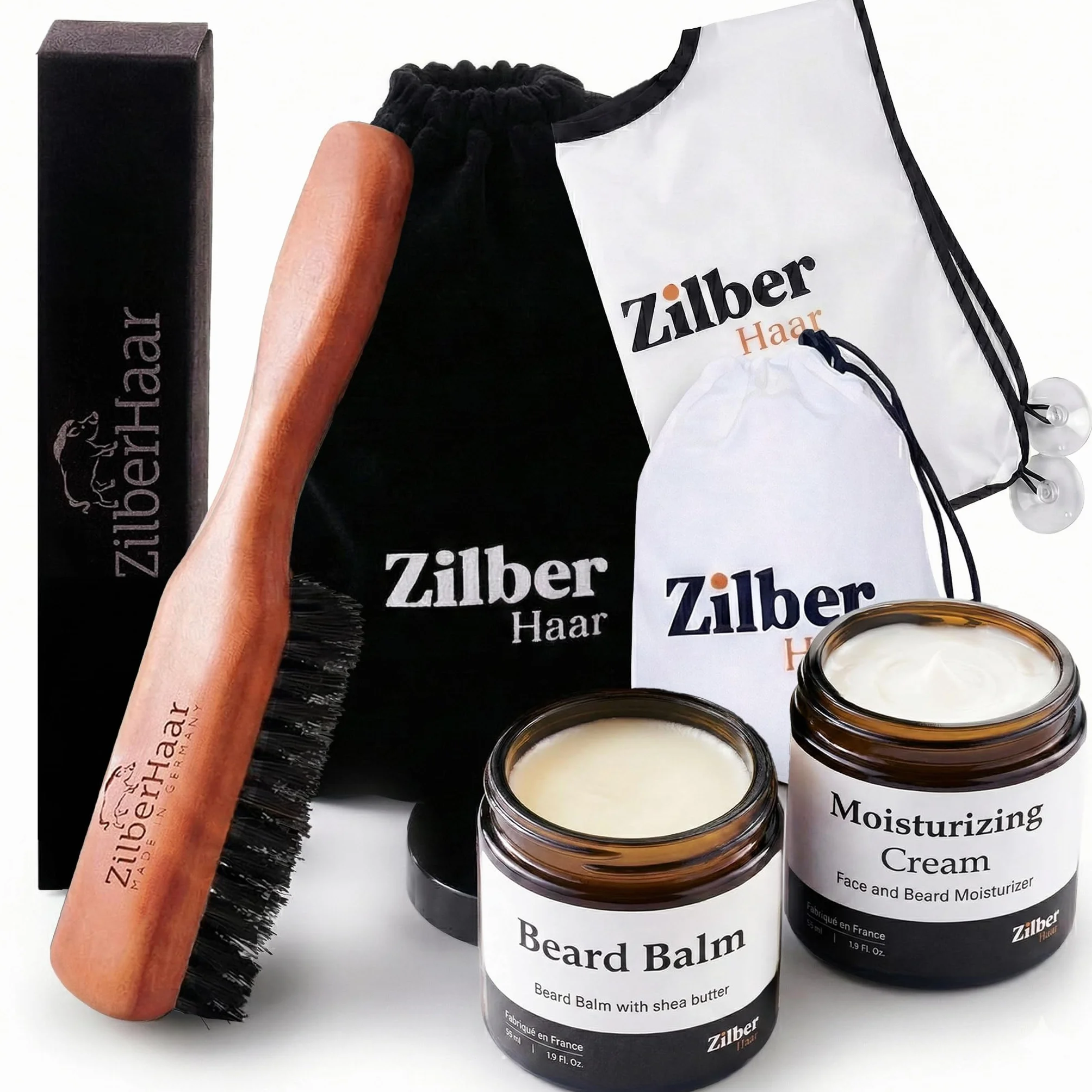 ZilberHaar - Kit per la cura della barba da uomo - 1 spazzola per barba + 1 lozione + 1 crema idratante + 1 mantello - setole dure di cinghiale - custodia in velluto