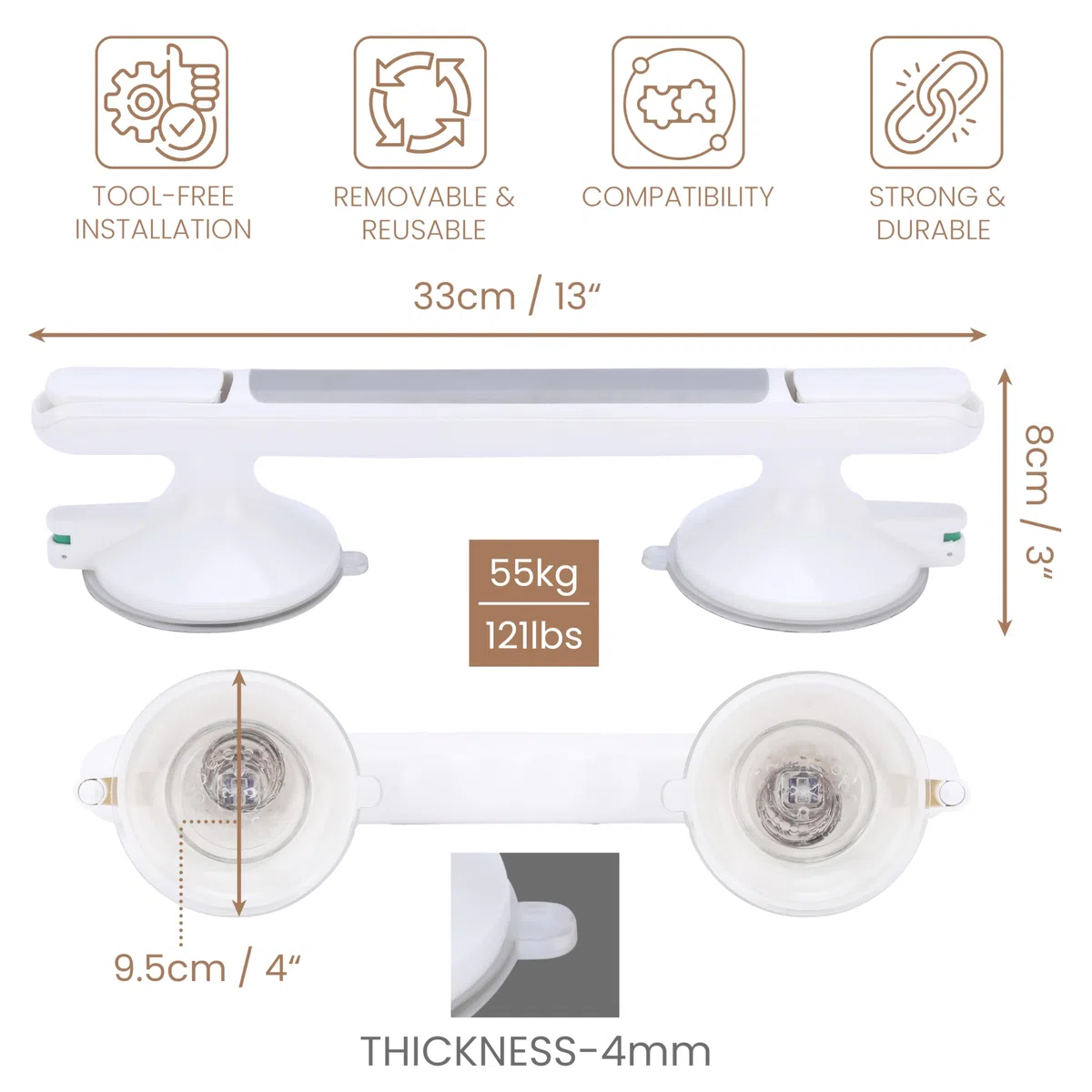 Belle Vous Maniglione da Bagno - Maniglia Doccia a Ventosa - Lunghezza 33 cm - con Ventose per Piastrelle - Supporto per Anziani e Disabili - da Montare Anche nella Vasca