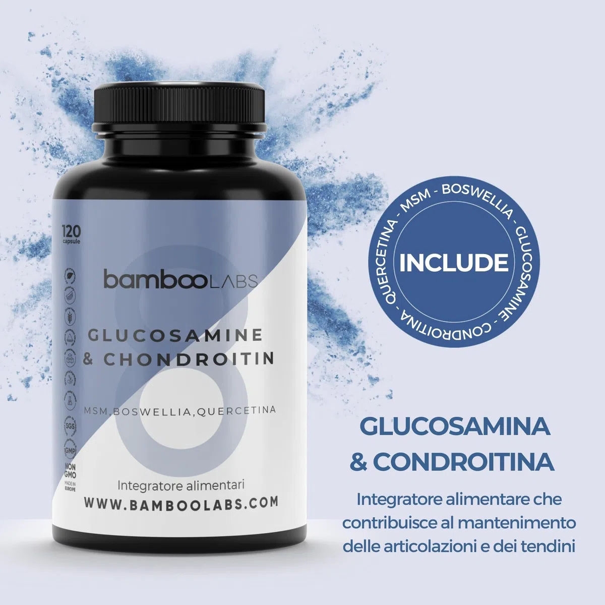 Bamboo Labs - Glucosamina, Condroitina, MSM, Boswellia, Acido Ialuronico e Quercetina, 120 Capsule Articolazioni e Cartilagine Integratori, Antiinfiammatorio Naturale per il Dolore alle Articolazioni