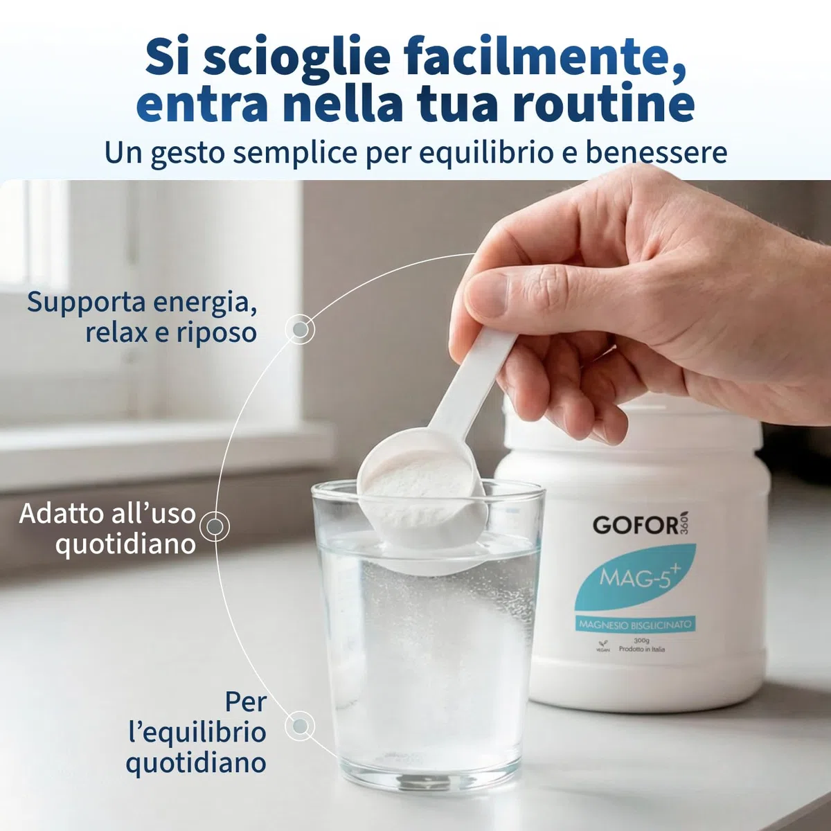 GOFOR360 MAG 5+ Magnesio Bisglicinato in Polvere — Formula con Vitamina B6 e C – Magnesio in Polvere per Stanchezza Muscoli e Rilassamento – 300 g