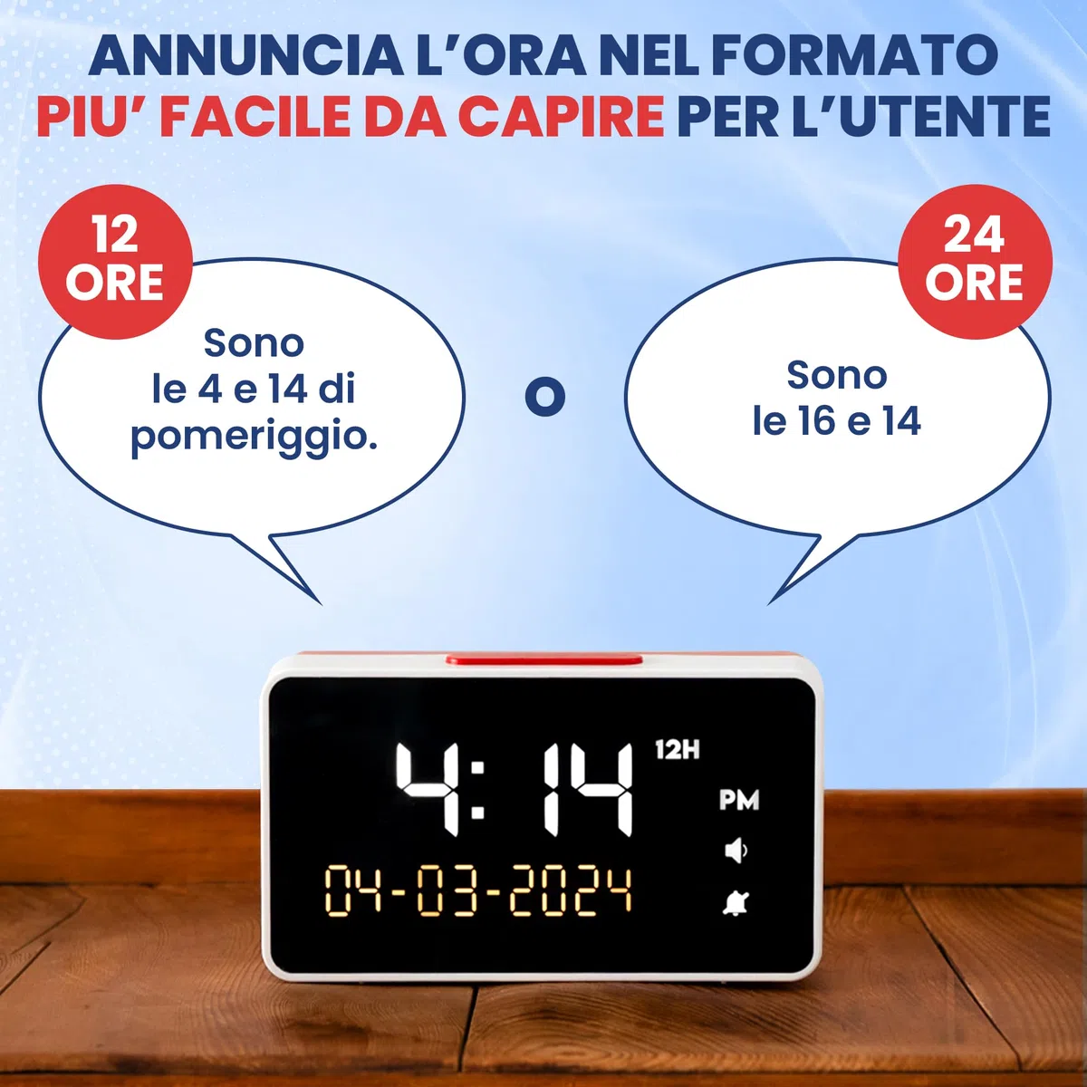 Top Life Sveglia Parlante - Volume Extra Alto - per Anziani, Ipovedenti, Ciechi, Malati di Alzheimer - Orologio a 12 o 24 ore - Sveglia con Cifre Grandi, Voce Italiana