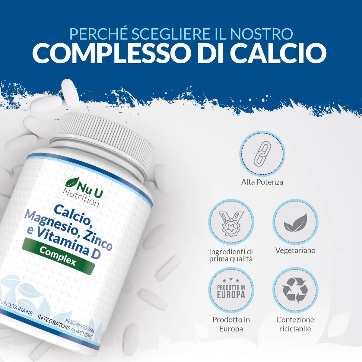 Calcio, Magnesio, Zinco e Vitamina D3 ad Alto Dosaggio - 365 Compresse Vegetariane - Complesso con Selenio, Rame, Manganese e Boro - 6 Mesi di Durata - Prodotto in Europa - Nu U Nutrition