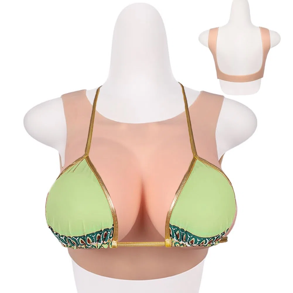 WASHLA Pettorale in Silicone con Colletto Tondo Realistiche Forme del Seno Touch Morbide Tette Finte per Transgender Mastectomy(Size:Coppa E,Color:Color 1)