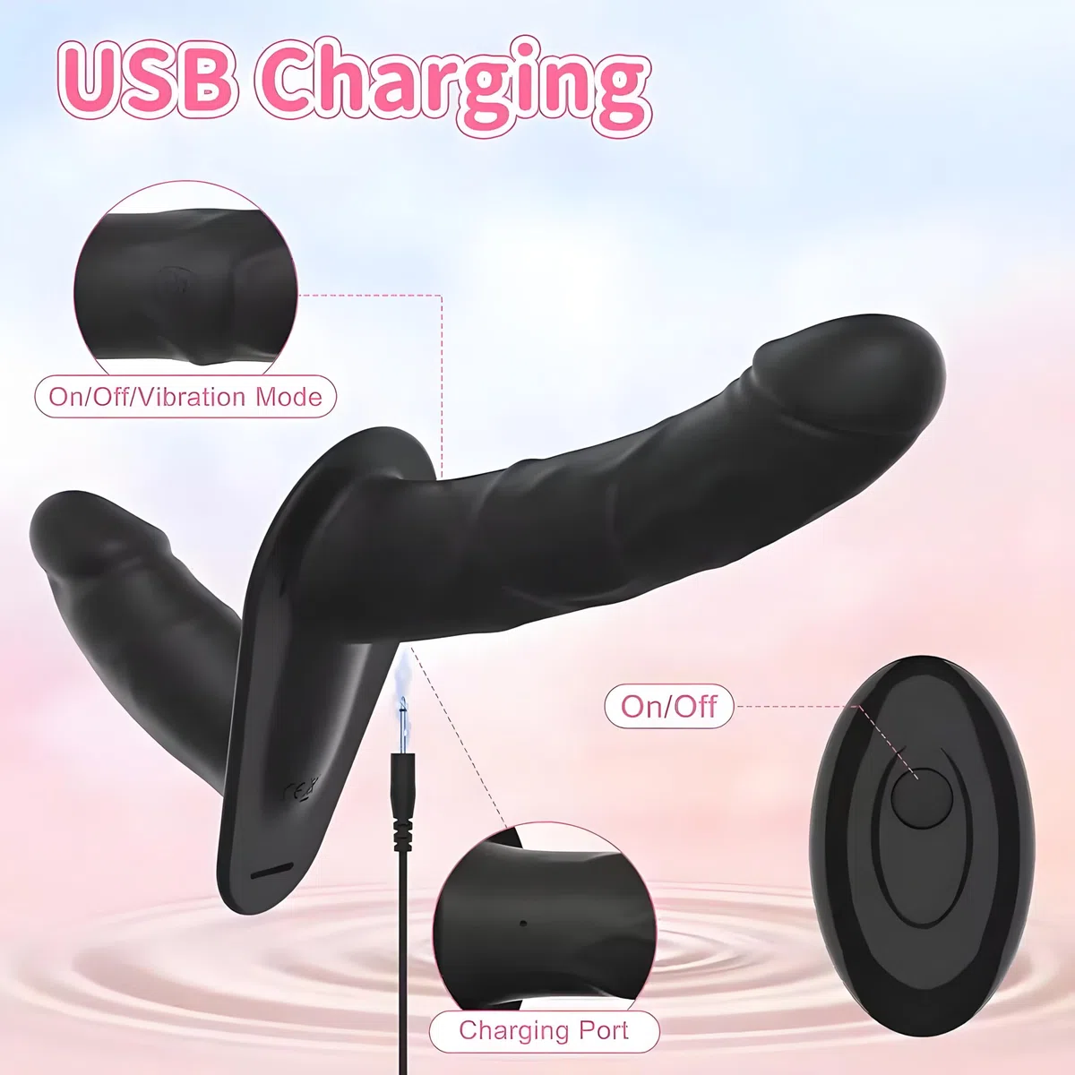 Strap-on Dildo Vibratore per Coppia, Doppia Dildo Sex Toys per Stimolare il Anali e Clitoride per Donne, Silicone Realistico Pene per Lesbiche, Adjustable, Removeable, Durevole (N1) (Black)