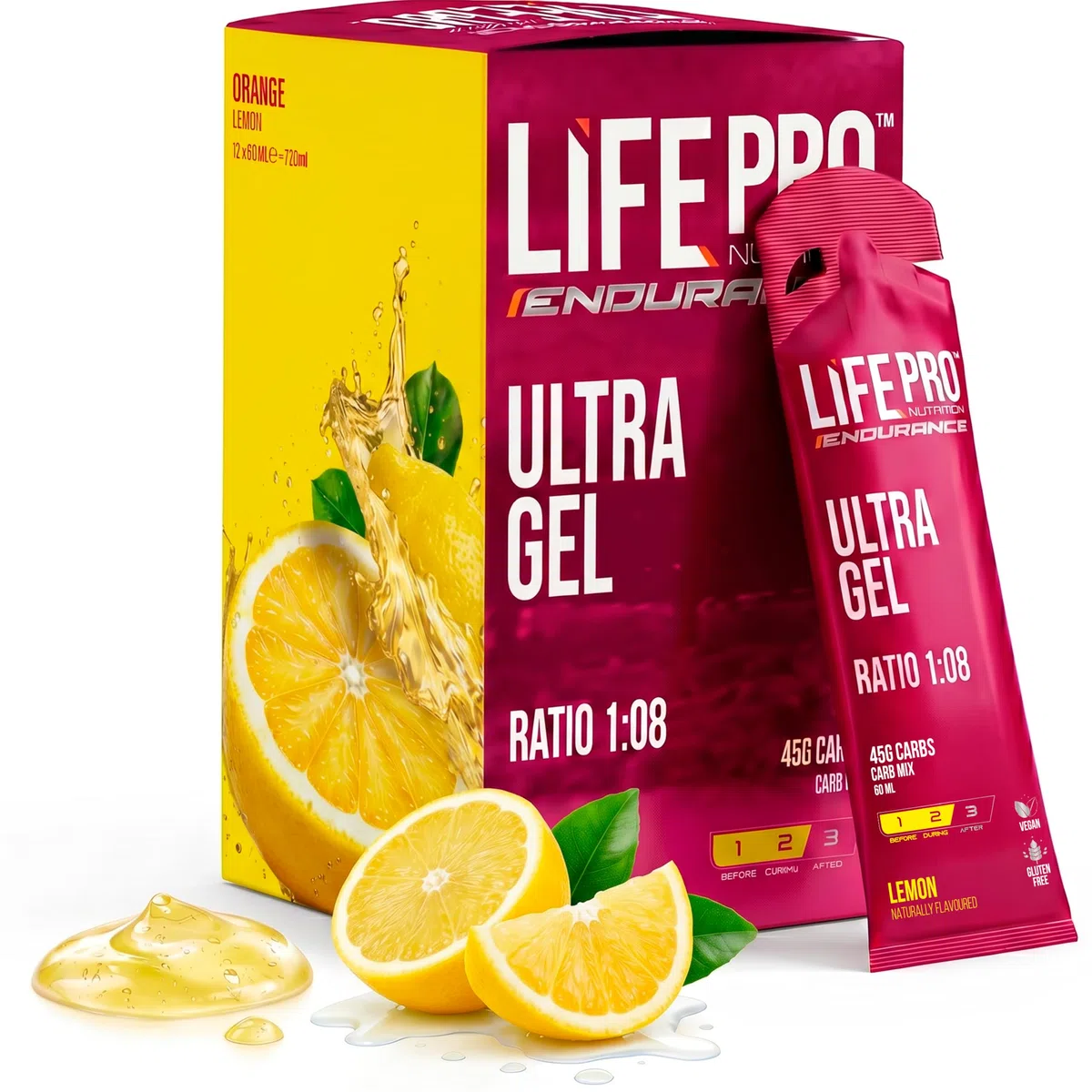 Life Pro Endurance Ultra Gel 1:08 12X60Ml - Gel energetico senza caffeina per atleti di resistenza, corridori, ciclisti e triatleti con carboidrati ed elettroliti a rapido assorbimento - Limone