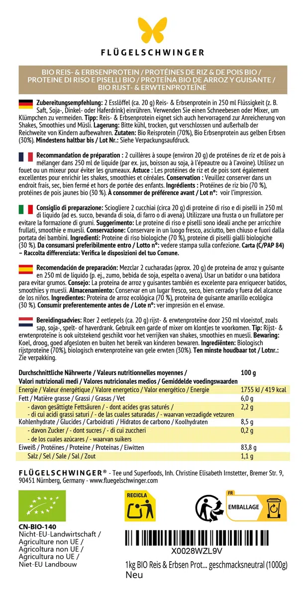 1 kg Proteine BIO di riso & pisello 7:3, 83,8% proteine, senza additivi, 70% proteine di riso BIO & 30% proteine di pisello BIO, vegano, senza lattosio & senza soia, gusto neutro (1000 g)