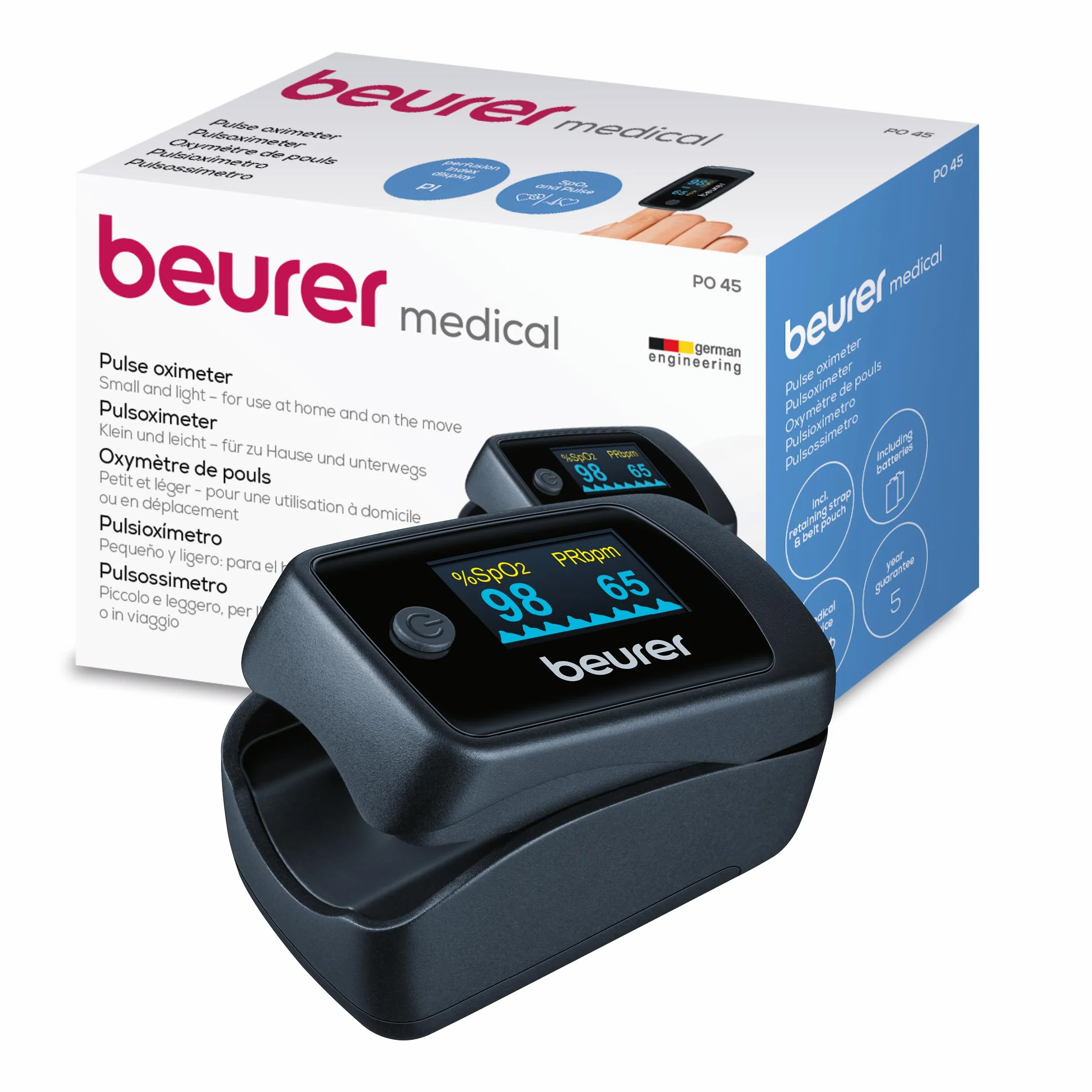 Beurer PO 45 Saturimetro da dito Professionale Certificato, Monitoraggio della Saturazione di Ossigeno, Frequenza Cardiaca, Indice di Perfusione, Pulsossimetro con Spegnimento Automatico