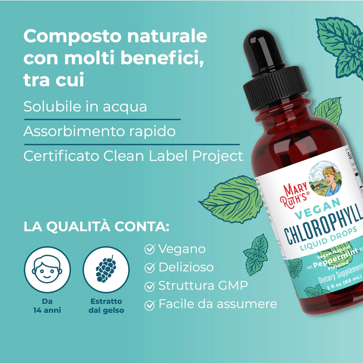 MaryRuth Organics, Chlorophyll Drops, Gocce di Clorofilla, Al Gusto di Menta Piperita, 60 ml, Vegan, Senza Glutine