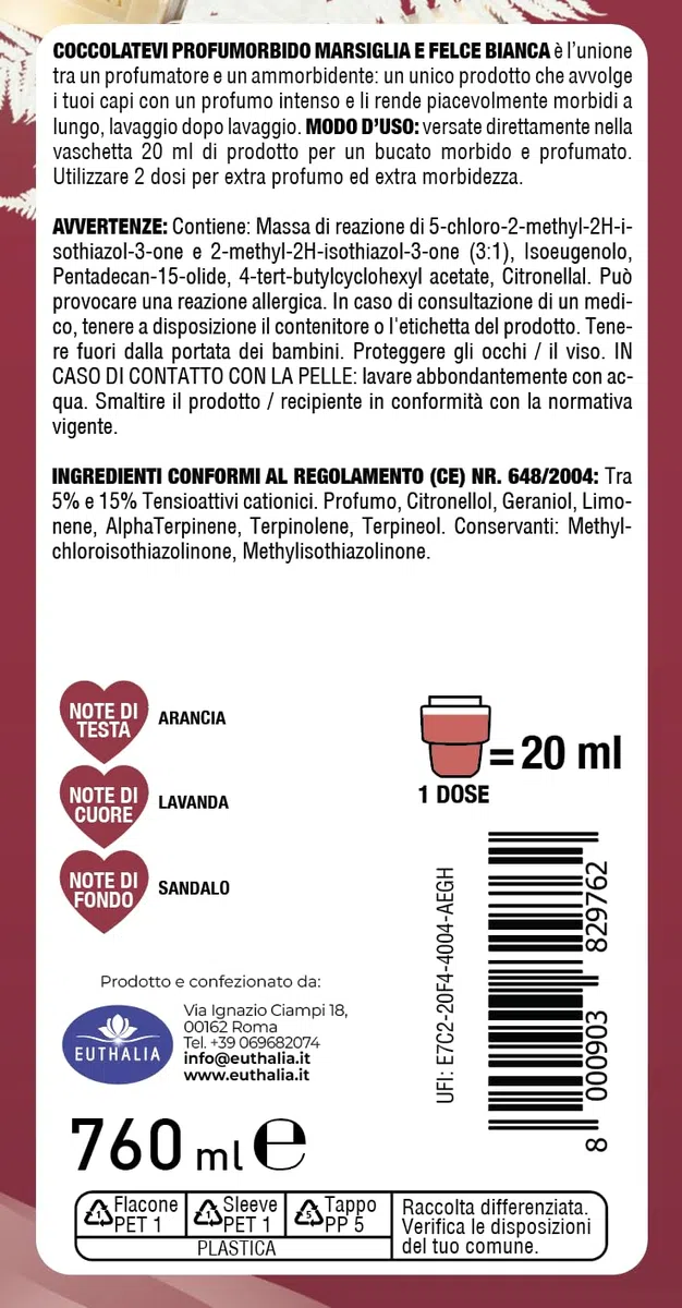 COCCOLATEVI Profumorbido Marsiglia e Felce Bianca, Confezione da 3 x 760 ml, Profumatore e Ammorbidente 2in1, 38 Lavaggi a Flacone, Formula Concentrata con Oli Essenziali e Microcapsule