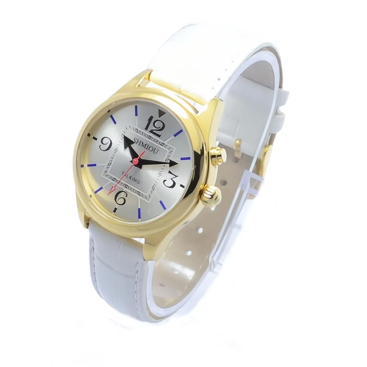 XM-FR-230401 - Orologio parlante francese per ciechi per anziani ipovedenti, bianco, Cinghia