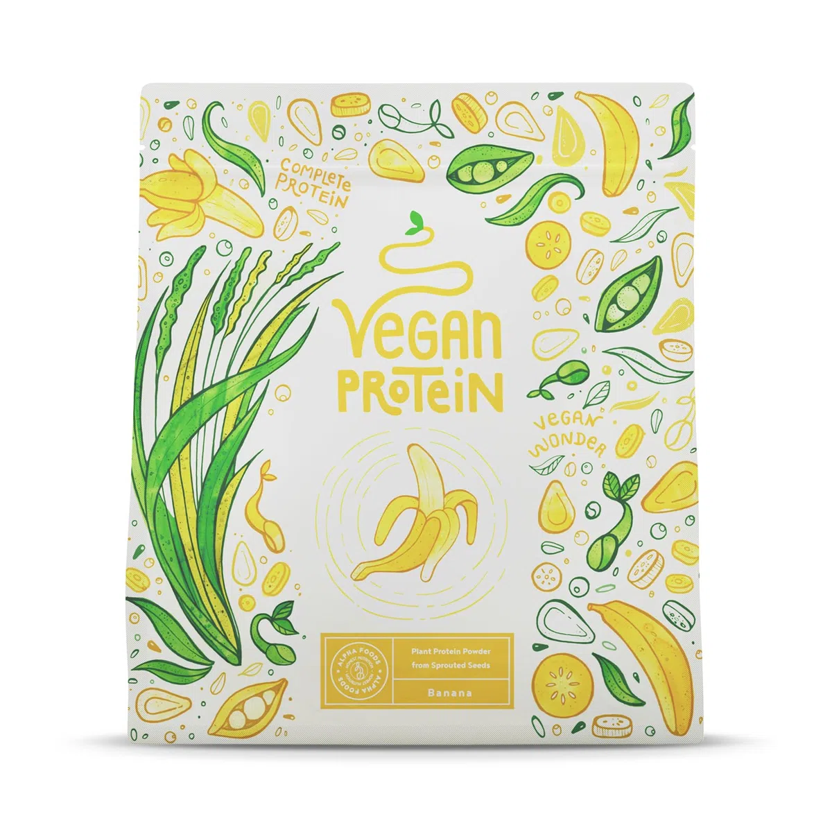 Proteine in Polvere Vegane | Gusto Banana | 23g Proteine Vegetali Isolate di Pisello, Riso, Girasole e Soia | Massa Muscolare | 600g Vegan Protein Powder | Alpha Foods