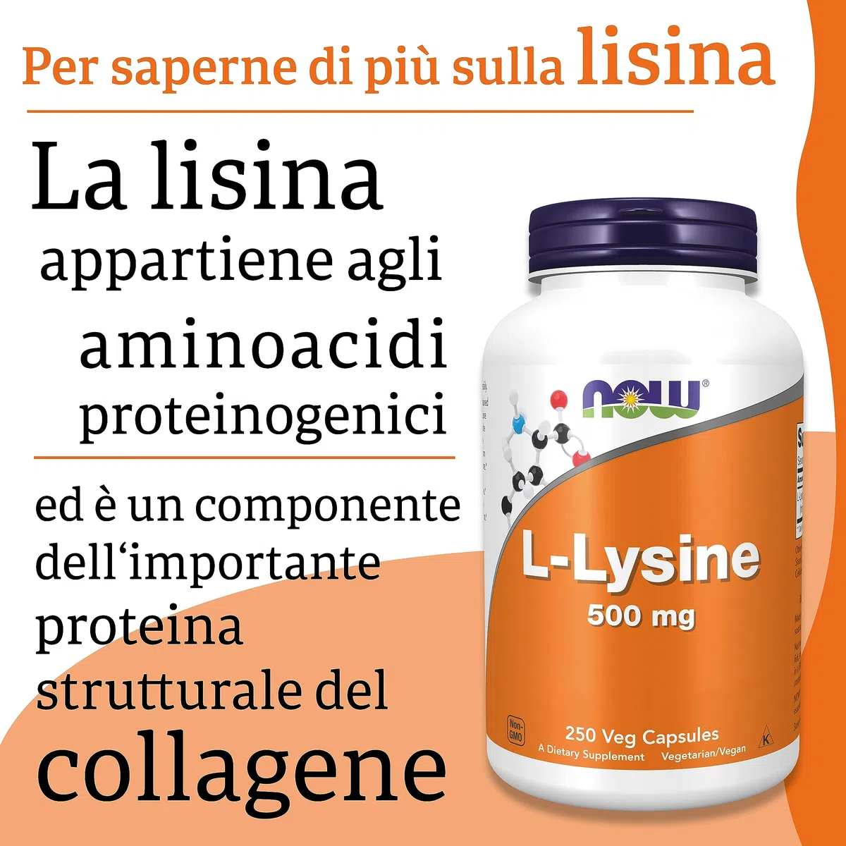Now Foods, L-lisina, 500 mg, 250 capsule vegane, aminoacido