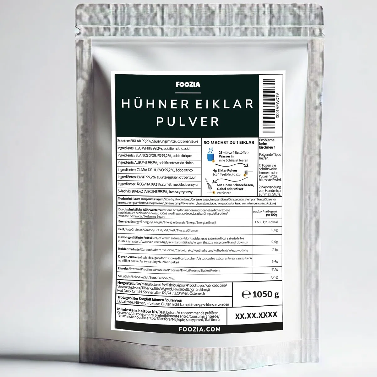 Polvere di proteine d'uovo in polvere, 1050 g, per uova, colore bianco Foozia