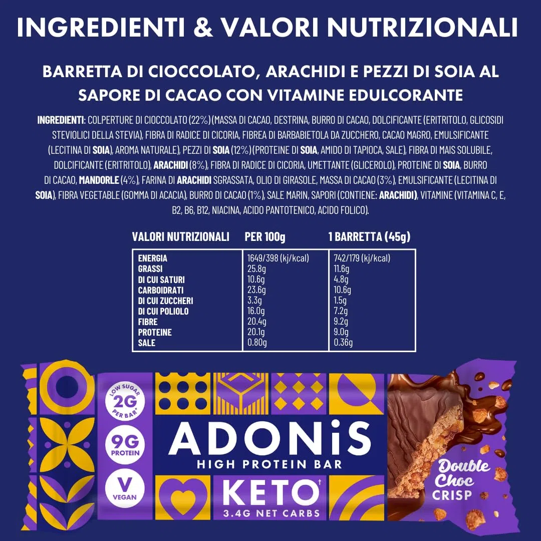 Barrette Keto Adonis Caramello e Arachidi – 16 x 45g | Barrette proteiche a basso contenuto di carboidrati | 9g di proteine, 2g di zucchero (Doppio Cioccolato Croccante)