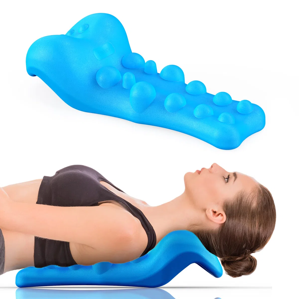 Dispositivo per il rilassamento di collo e spalle, con punto massaggio per la schiena superiore, dispositivo di trazione cervicale, sollievo dal dolore,Il cuscino per allineamento cervicale (blu）