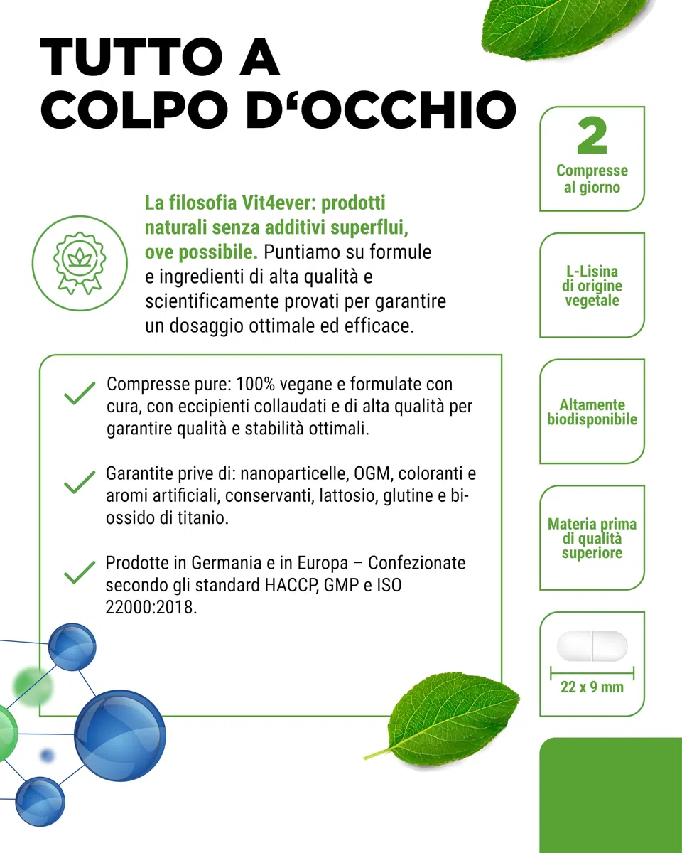 L-Lisina – 365 Compresse – Alto dosaggio con 2000 mg di L-Lisina HCL al giorno – Da fermentazione vegetale – Senza additivi indesiderati – Vegano