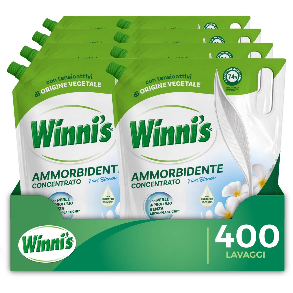 Winni's - Ammorbidente Lavatrice Ipoallergenico Concentrato Ecoformato, 400 Lavaggi, Fragranza Fiori Bianchi, Con Perle di Profumo Biodegradabili, 1250 ml x 8 Confezioni