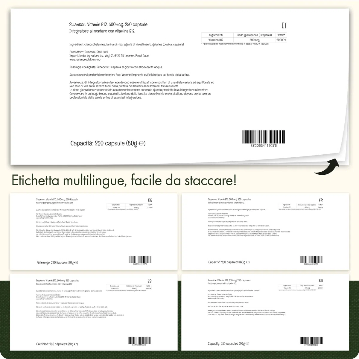 Swanson, Vitamina B12, Cianocobalamina, 500mcg, 250 Capsule, Altamente Dosato, Testato in Laboratorio, Senza Soia, Senza Glutine, Non OGM