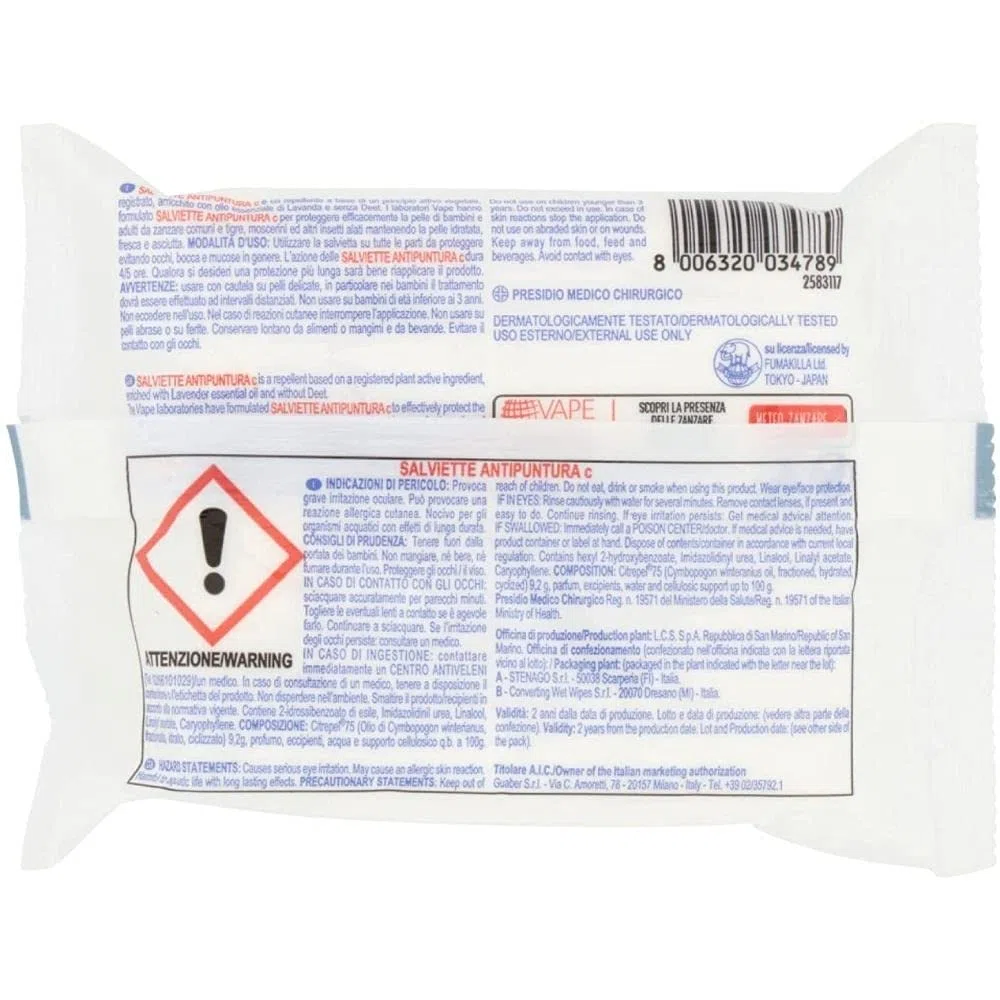 Vape Derm Herbal Antipuntare Zanzare 4 Confezioni da 15 Salviette Olio Essenziale