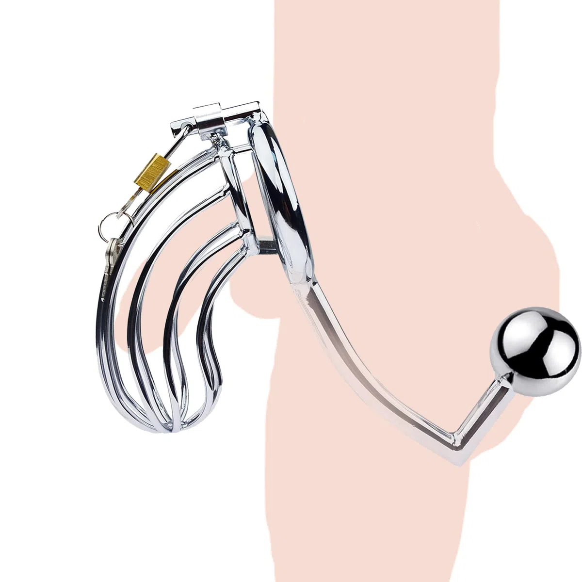 Gabbia per pene in acciaio inossidabile 2 in 1 con anelli per il pene BDSM Gabbia di castità in metallo con gancio anale Cintura di castità per uomo Dispositivo di castità Dilatatori(50mm)