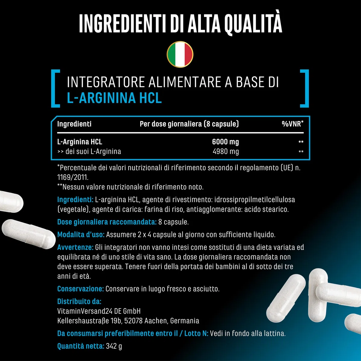 L-Arginin – 380 capsule vegane – 6000 mg di L-arginina HCL per porzione giornaliera con 4980 mg di arginina pura – Amminoacido ad alto dosaggio di origine vegetale
