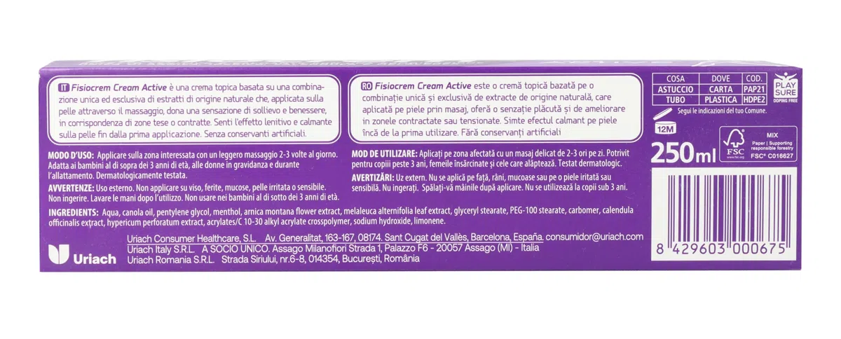 Fisiocrem | Cream Active 250 ml | Crema massaggio muscolare | Effetto lenitivo e rinfrescante | Con Arnica e Calendula | Cosmetici e Igiene | Cura del corpo