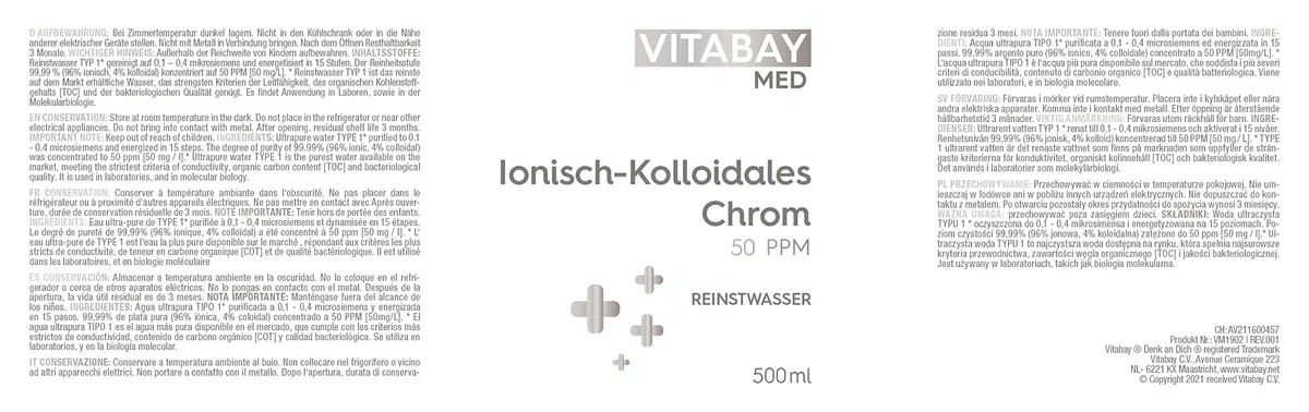 Vitabay Cromo colloidale 50 PPM • 500 ml • dosaggio elevato • Livello di purezza 99,99% • Senza ulteriori additivi • Riempito in un flacone di vetro marrone • Made in Germany