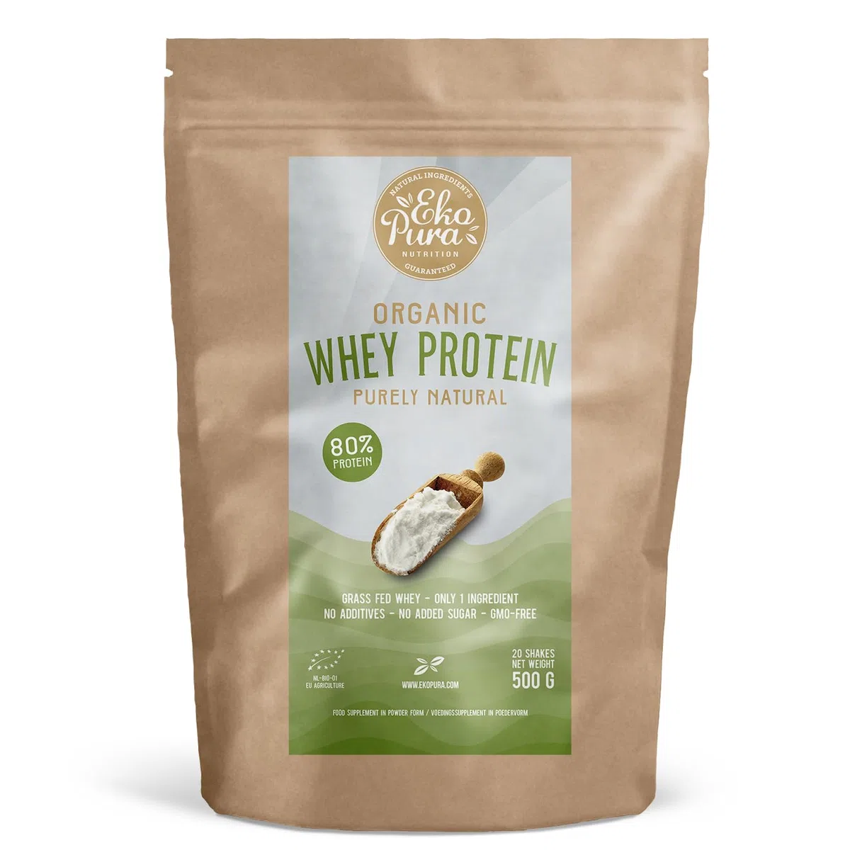 Organic Whey Protein - Naturale - 80% Proteine - Proteine Del Siero Del Latte Biologico - Senza: Aditivi, OGM, Soia, Zucchero Aggiunto - 500g
