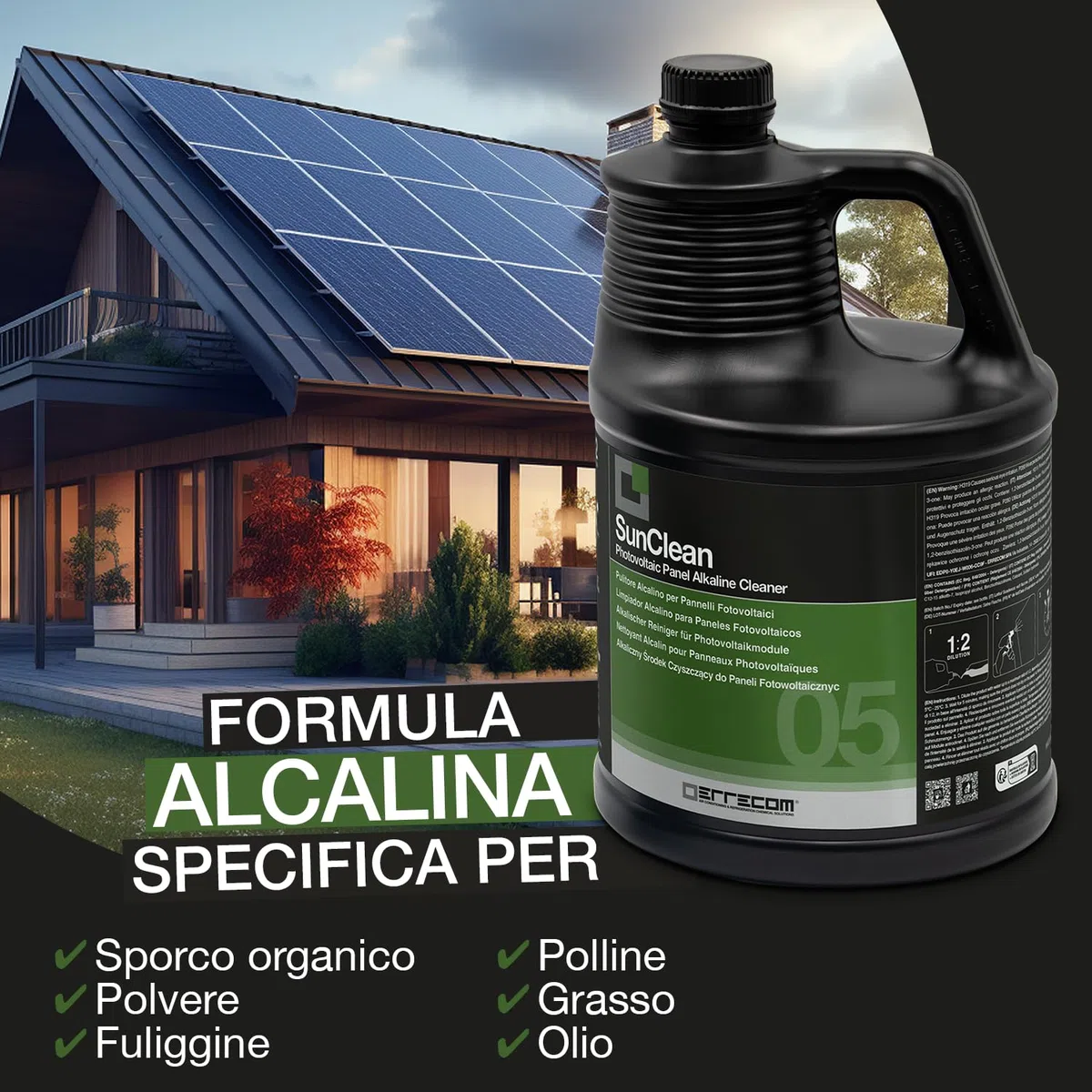 Errecom SunClean, Pulitore Alcalino per Pannelli Impianto Fotovoltaico, Formula Concentrata, 5 L
