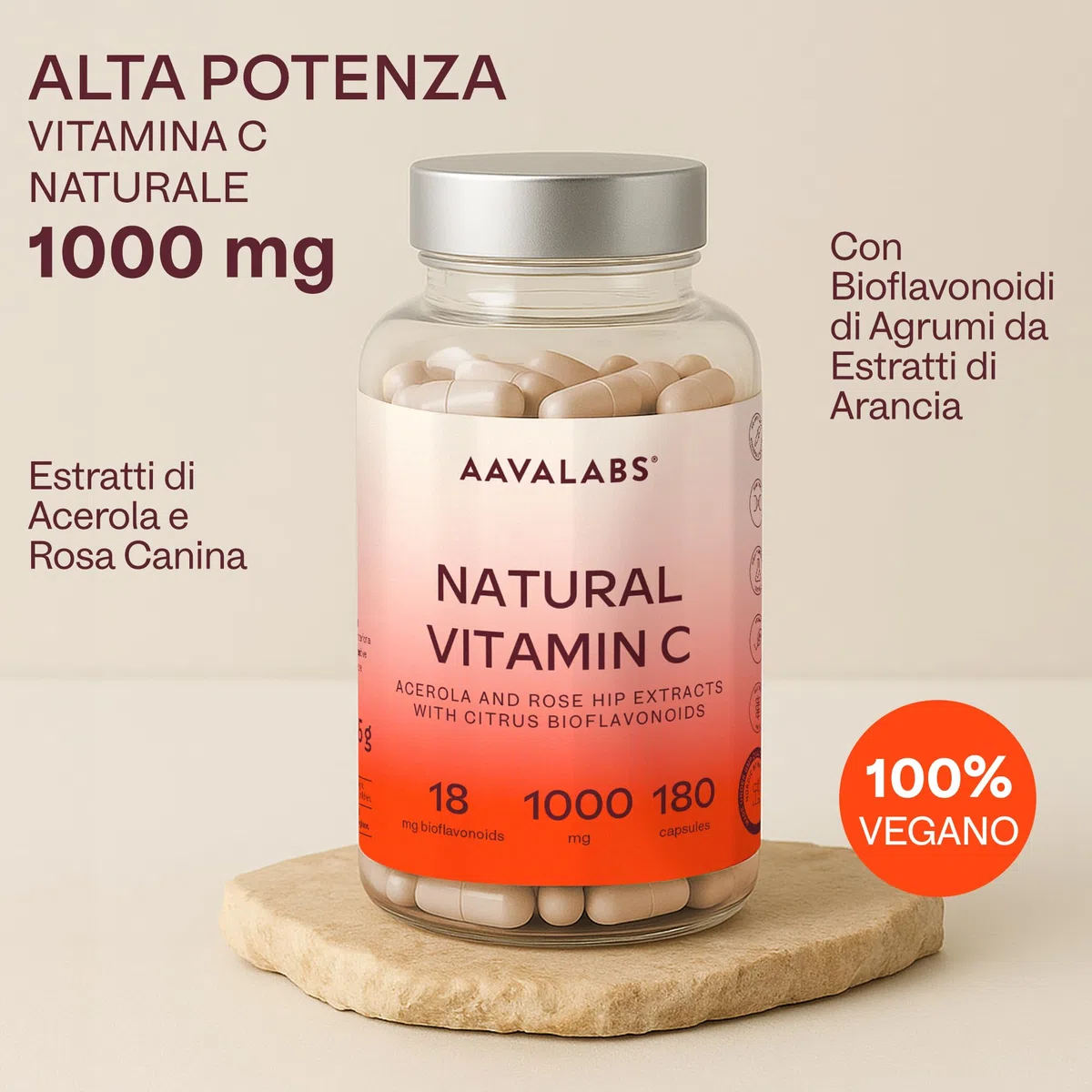 Vitamina C 1000mg Vegan - Integratore Vitamina C Naturale Alto Assorbimento con Bioflavonoidi, Rosa Canina, Acerola - 1000 Vitamina C Pura per dose - Vitamin C Difese Immunitarie 180 Capsule
