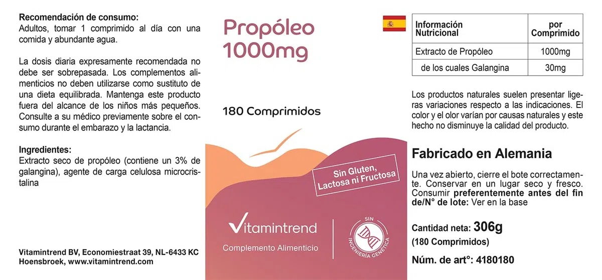 Vitamintrend Estratto di propoli 1000 mg, 180 compresse, ad alto dosaggio, integratore alimentare senza magnesio stearato, prodotto in Germania