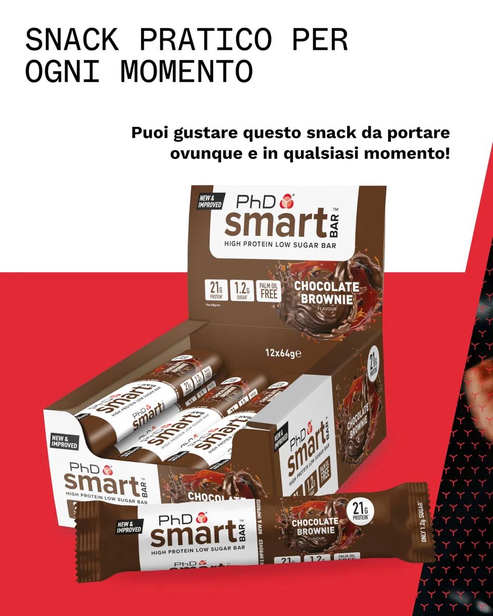 PhD Nutrition Smart Bar Barrette Proteiche Brownie al Cioccolato 12 x 64g - Snack ad alto contenuto proteico con 21g di proteine e poco zucchero, Barretta proteica amica dei macro