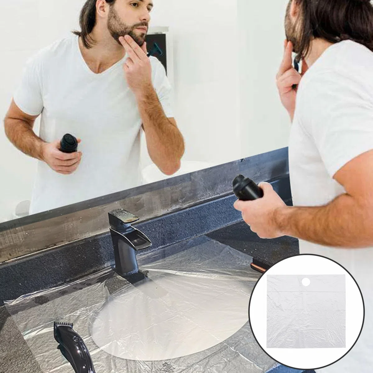 Healeved Raccogli Peli da Barba Usa e Getta 60 Pezzi, Coprilavandino Trasparente per Rasatura Uomo, Grembiule Raccogli Barba per Bagno e Doccia, Accessorio per Pulizia Facile e