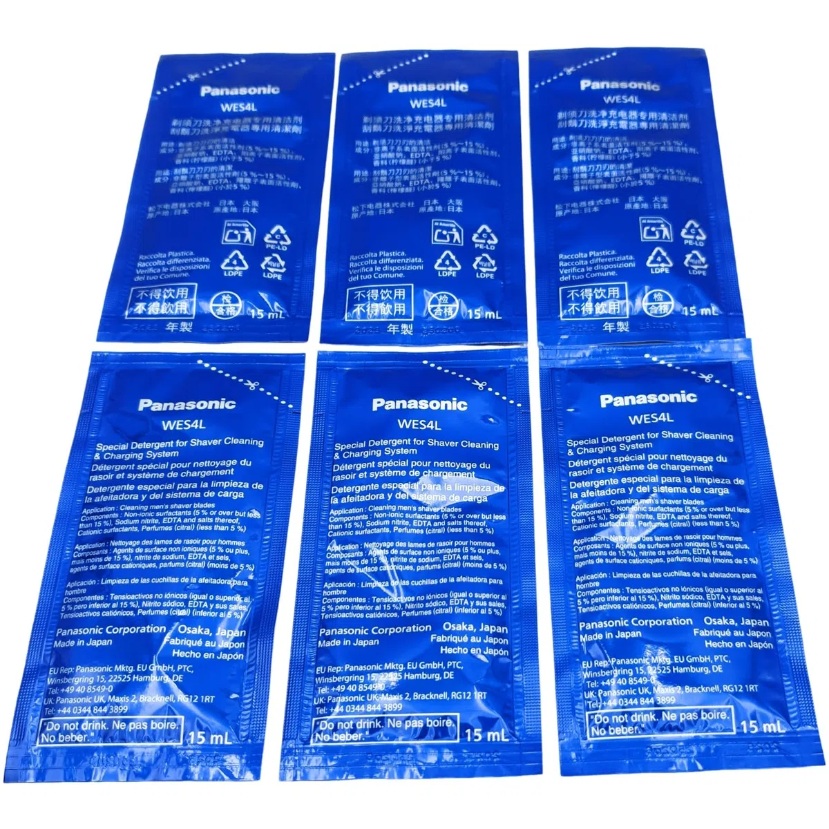 Detergente concentrato compatibile con Panasonic Clean and Charge Station WES4L03-803, set da 2 (6 x 15 ml) sacchetti concentrati ES-LS9A ES-LV9Q ES-LV9N ES-LV97 ES-LV95