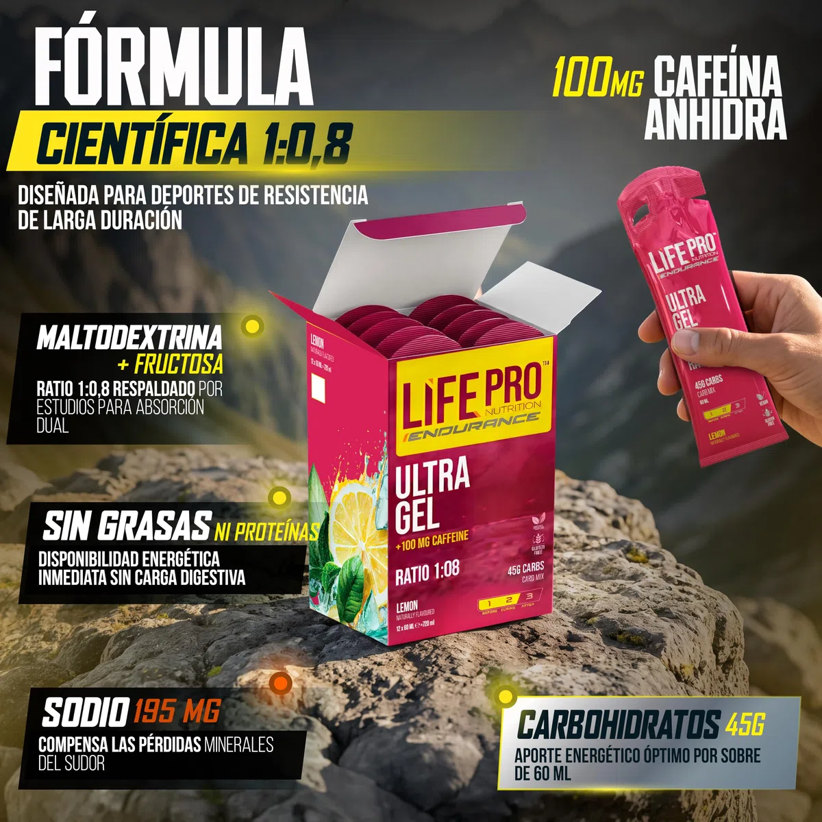 Life Pro Endurance Ultra Gel 1:08 12X60Ml - Gel energetico + caffeina per atleti di resistenza, corridori, ciclisti e triatleti con carboidrati ed elettroliti a rapido assorbimento - Limone