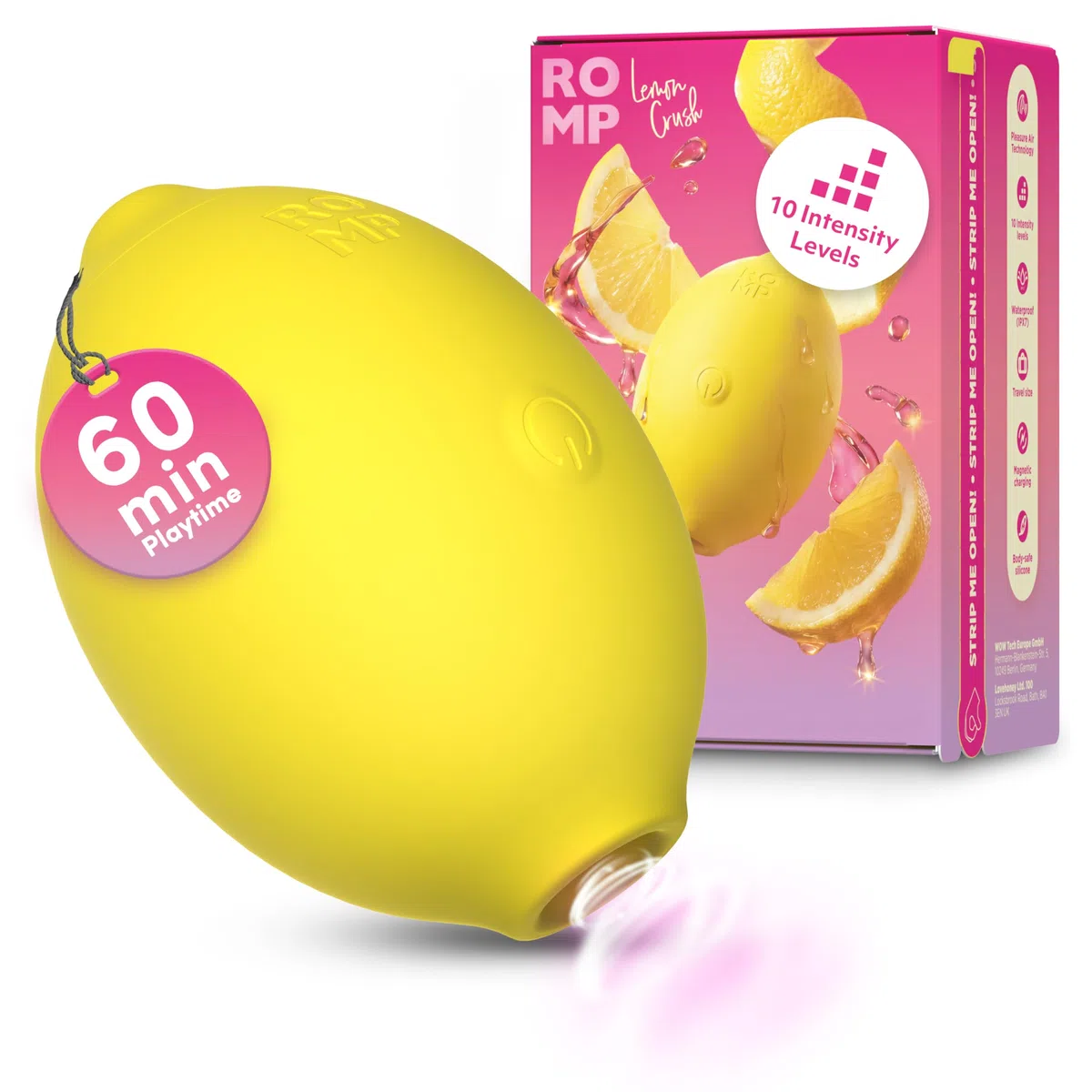ROMP Lemon Succhia clitoride per donna | Stimolatore clitoride femminile 10 livelli | Ricaricabile | Design Limone| Vibratore clitoride Impermeabile | Sextoys Vibratoreper donna coppie