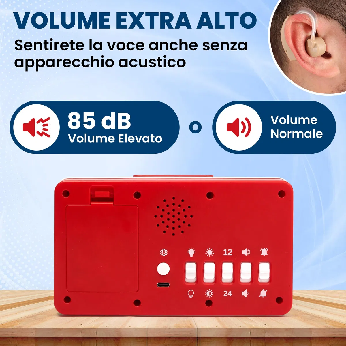 Top Life Sveglia Parlante - Volume Extra Alto - per Anziani, Ipovedenti, Ciechi, Malati di Alzheimer - Orologio a 12 o 24 ore - Sveglia con Cifre Grandi, Voce Italiana